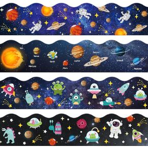 AnyDesign 69Ft Outer Space Bulletin Board Borders 4 Designs 60 Sheet Cartoon Night Sky Astronauts Aliens Trim Borders Galaxy Bulletin Board Stickers for School Classroom Office Party Decoration