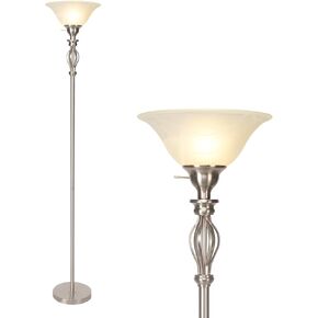 Torchiere Floor Lamps for Living Room & Bedroom – Stand Up Lamp with Corner Floor Lamp Design – Traditional Iron Scroll 70" Tall Alabaster Glass Bowl Shade (Brown)