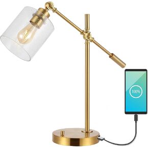 JONATHAN Y JYL3082A Kathryn Classic 23" Iron,Seeded Glass Adjustable Head Modern USB Charging LED Task Lamp Brass Gold Bedroom Living Room,1 Bulb