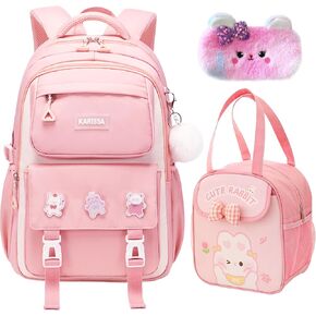 5PCS Kids Backpack Set Cute School Backpacks for Girls, Kawaii Teenage Laptop Bag 17in Fashion Daypack, Large Capacity Double Shoulder Backpack for Primary Elementary High School, Pink