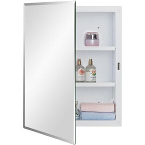 Plastic Bathroom Medicine Mirror Cabinet 16 x 22 inch, Surface and Recessed Mount, Beveled Edge Mirror