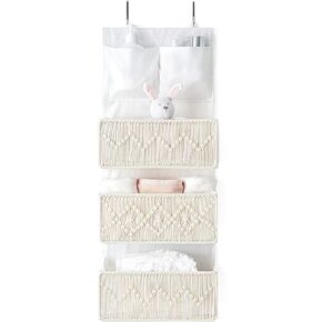 Mkono Macrame Over The Door Organizer, Boho Storage Decor with 3 Woven Pockets, Bedroom Closet Door hanging Organizer for Baby Nursery Bathroom Pantry Dorm Kids Toys Diapers, Ivory