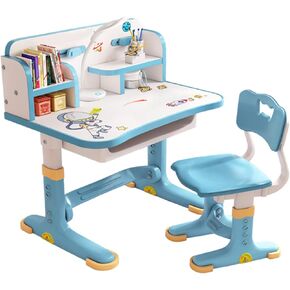 Small Desk, Standing Desk, Desk Chair Set, Widened Desktop Multi Separation Cartoon Pattern Desk Chair Set Kids Adjustable Height Study Table with Drawer Chair Set (Blue)