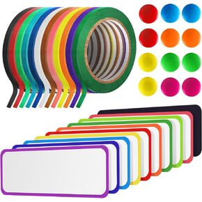 78 Pcs Whiteboard Accessories Set 54 Pcs Magnetic Dry Erase Labels Reusable Name Plate Tags 12 Rolls Thin Tape Pinstriping Tape 12 Pcs Round Planning Magnets for School Office Home, Assorted Colors