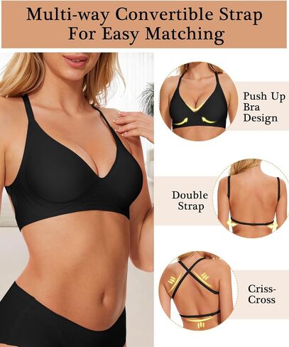 Jenbou Women's Low Back Bra Wirefree Seamless Bras Push Up Backless Bralette Multiway Convertible V Neck Straps Bra in Saudi Arabia