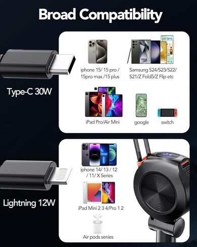 شاحن سيارة قابل للسحب 69 وات، شاحن هاتف سيارة سريع 4 في 1، كابلات من النوع C وLightning قابلة للسحب وشاحن سيارة USB C، محول ولاعة سجائر لهاتف iPhone 15/14/13/iPad، Galaxy، Pixel in Kuwait