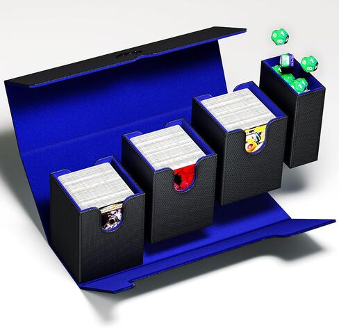 3200+ Trading Card Storage Box, 6 Rows Card Deck Case for Trading Cards with 10 Pcs Card Dividers PU Leather Commander Card Deck Case for Magic Commander YugiOh TCG TGG Cards Sport Cards (Black/Blue) in Saudi Arabia