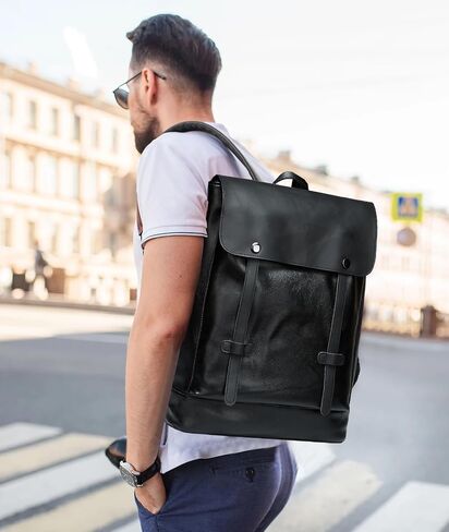 MATE ELEN Leather Laptop Backpack Waterproof Fits 14" Laptop Travel Hiking Camping Overnight Weekend Business Casual College Flip Backpack Men Black in Saudi Arabia