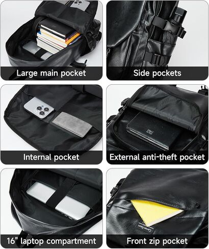 MATE ELEN Leather Laptop Backpack Fits 15.6 Inch Laptop Waterproof Black Travel Hiking Camping Overnight Weekend Business Casual Backpack Men Father's Day in Kuwait