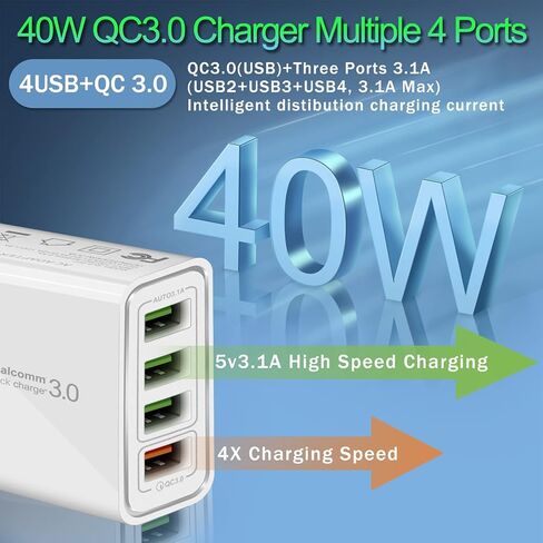 USB Charger 40W QC3.0 USB Wall Charger, CARZONJX 5V/3.1A 4 Port Fast Charger [with LED Light] Fast Charging Block for iPhone 17 16 15 14 13 12 11 X 8, iPad, Galaxy, LG, Moto, Switch and More in Kuwait
