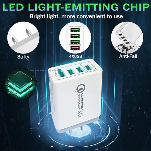 USB Charger 40W QC3.0 USB Wall Charger, CARZONJX 5V/3.1A 4 Port Fast Charger [with LED Light] Fast Charging Block for iPhone 17 16 15 14 13 12 11 X 8, iPad, Galaxy, LG, Moto, Switch and More in Kuwait