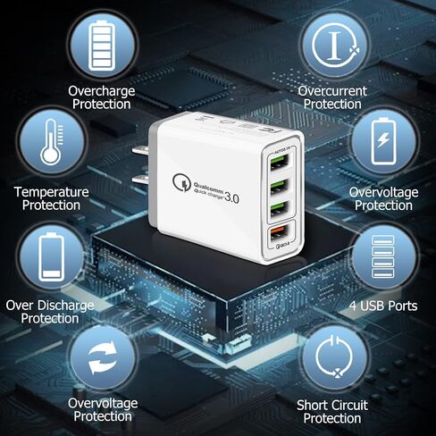 USB Charger 40W QC3.0 USB Wall Charger, CARZONJX 5V/3.1A 4 Port Fast Charger [with LED Light] Fast Charging Block for iPhone 17 16 15 14 13 12 11 X 8, iPad, Galaxy, LG, Moto, Switch and More in Kuwait