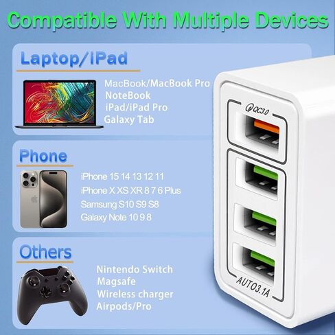 USB Charger 40W QC3.0 USB Wall Charger, CARZONJX 5V/3.1A 4 Port Fast Charger [with LED Light] Fast Charging Block for iPhone 17 16 15 14 13 12 11 X 8, iPad, Galaxy, LG, Moto, Switch and More in Kuwait