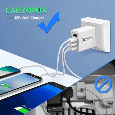 USB Charger 40W QC3.0 USB Wall Charger, CARZONJX 5V/3.1A 4 Port Fast Charger [with LED Light] Fast Charging Block for iPhone 17 16 15 14 13 12 11 X 8, iPad, Galaxy, LG, Moto, Switch and More in Kuwait