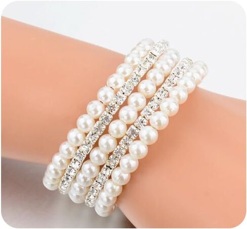 Pearl Cubic Zirconia Bracelet for Women Teen Girls,Charming Stretch Multi Layered Rhinestone Bangle,Aesthetic Wedding Jewelry Gift in Saudi Arabia