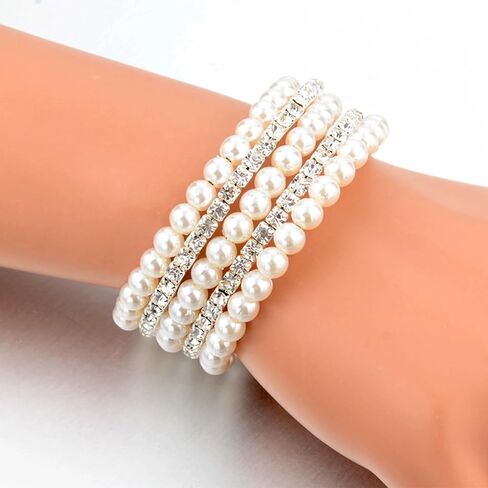 Pearl Cubic Zirconia Bracelet for Women Teen Girls,Charming Stretch Multi Layered Rhinestone Bangle,Aesthetic Wedding Jewelry Gift in Saudi Arabia