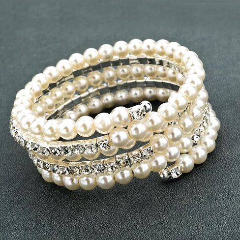 Pearl Cubic Zirconia Bracelet for Women Teen Girls,Charming Stretch Multi Layered Rhinestone Bangle,Aesthetic Wedding Jewelry Gift in Saudi Arabia