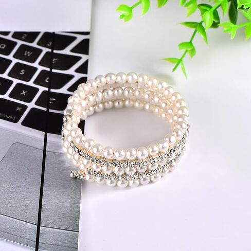Pearl Cubic Zirconia Bracelet for Women Teen Girls,Charming Stretch Multi Layered Rhinestone Bangle,Aesthetic Wedding Jewelry Gift in Saudi Arabia