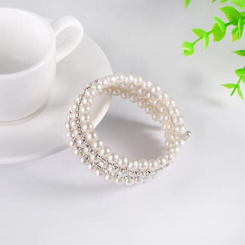 Pearl Cubic Zirconia Bracelet for Women Teen Girls,Charming Stretch Multi Layered Rhinestone Bangle,Aesthetic Wedding Jewelry Gift in Saudi Arabia