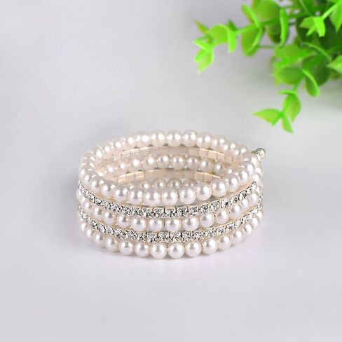 Pearl Cubic Zirconia Bracelet for Women Teen Girls,Charming Stretch Multi Layered Rhinestone Bangle,Aesthetic Wedding Jewelry Gift in Saudi Arabia