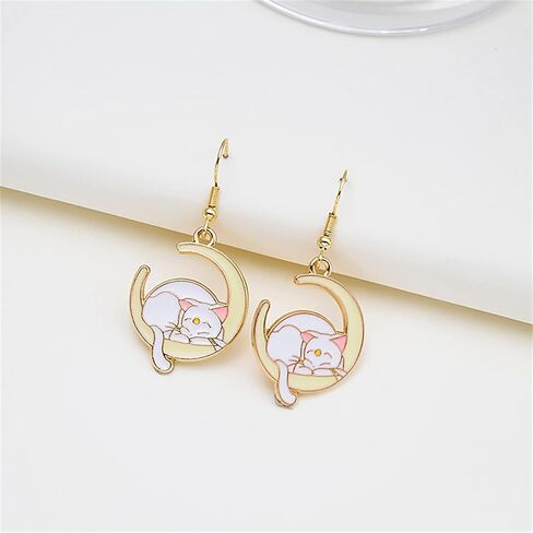 Moon Cat Earrings for Women Cute Gold Plated Enamel Anime Cartoon Sleeping Animal Sailor Moon Cat Earrings Animal Carved Crescent Moon Earrings Jewelry Gifts in Saudi Arabia