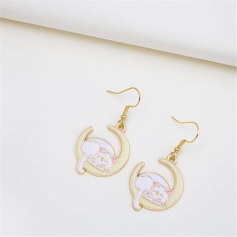 Moon Cat Earrings for Women Cute Gold Plated Enamel Anime Cartoon Sleeping Animal Sailor Moon Cat Earrings Animal Carved Crescent Moon Earrings Jewelry Gifts in Saudi Arabia