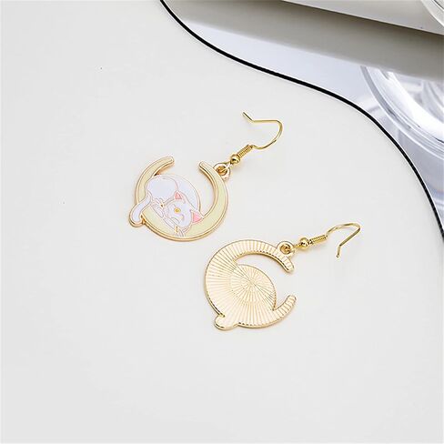 Moon Cat Earrings for Women Cute Gold Plated Enamel Anime Cartoon Sleeping Animal Sailor Moon Cat Earrings Animal Carved Crescent Moon Earrings Jewelry Gifts in Saudi Arabia