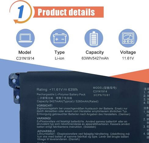 ASODI 63Wh C31N1914 Laptop Battery Replacement for Asus ZenBook 13 UX425UG ZenBook 14 Ultralight UX435EAL Zenbook 14 UM425QA UX435EA UX435EG UX435EG-AI039T Series 0B200-03730100 3ICP6/70/81 11.61V in Saudi Arabia
