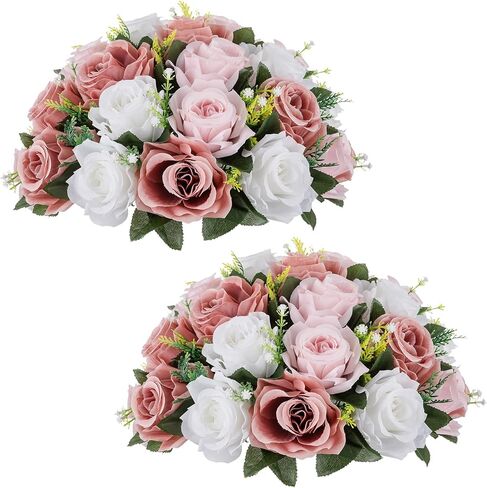 NUPTIO Large Flower Wedding Centerpieces - 2 Pcs 13.8in Diam Crimson & White Artificial Flowers Rose Ball for Centerpieces Tables - Fake Rose Arrangements for Weddings Table Decorations in Kuwait