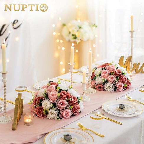 NUPTIO Large Flower Wedding Centerpieces - 2 Pcs 13.8in Diam Crimson & White Artificial Flowers Rose Ball for Centerpieces Tables - Fake Rose Arrangements for Weddings Table Decorations in Kuwait