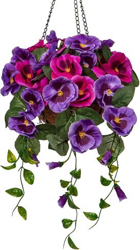 Briful 31 ½’’ Fake Flowers Hanging Basket, Pansy Artificial Flowers, Realistic Silk Spring Bloom Faux Flowers, 7 ⅞’’ Coconut Basket, for Home Farmhouse Balcony Outdoor Patio Garden Decor in Saudi Arabia