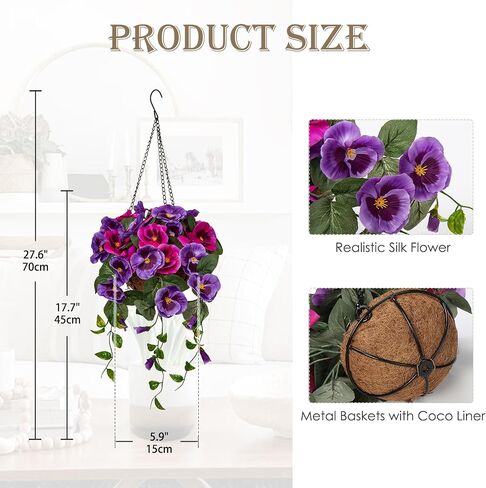 Briful 31 ½’’ Fake Flowers Hanging Basket, Pansy Artificial Flowers, Realistic Silk Spring Bloom Faux Flowers, 7 ⅞’’ Coconut Basket, for Home Farmhouse Balcony Outdoor Patio Garden Decor in Saudi Arabia