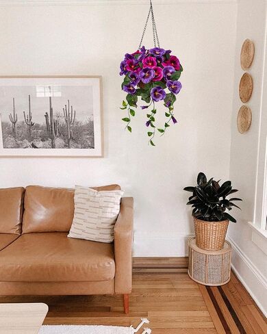 Briful 31 ½’’ Fake Flowers Hanging Basket, Pansy Artificial Flowers, Realistic Silk Spring Bloom Faux Flowers, 7 ⅞’’ Coconut Basket, for Home Farmhouse Balcony Outdoor Patio Garden Decor in Saudi Arabia