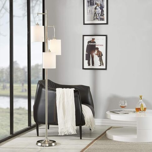 WOXXX Industrial Floor Lamp with White Fabric Shade Rustic Farmhouse Standing Lamp Modern Tree Floor Lamps for Living Room Bedrooms Office, Room Lamp Tall Lamps Corner Lamp Chrome（Bulbs Exclude） in Saudi Arabia