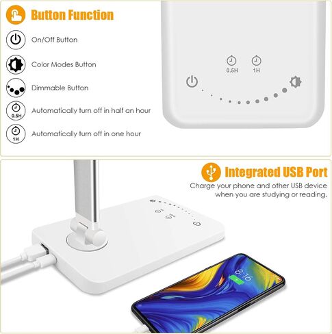 LED Desk Lamp, Eye-Caring Dimmable Table Lamps, Portable Office Lamp with USB Charging Port, 5 Lighting Modes, Timer Function, Touch Sensitive Control for Reading, Study, Working in Saudi Arabia