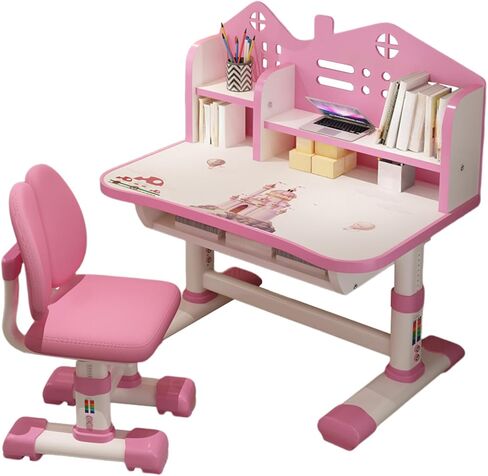 Small Desk, Standing Desk, Desk Chair Set, Widened Desktop Multi Separation Cartoon Pattern Desk Chair Set Kids Adjustable Height Study Table with Drawer Chair Set (Blue) in Saudi Arabia