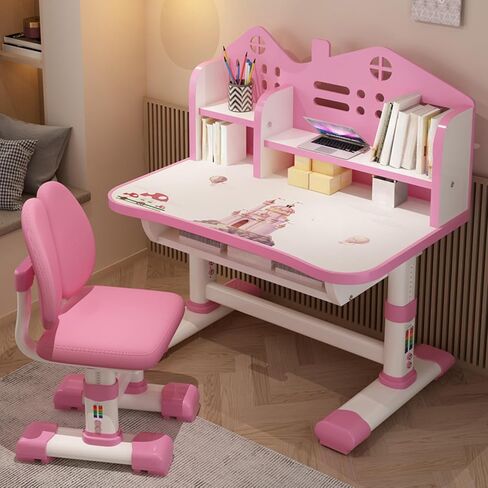 Small Desk, Standing Desk, Desk Chair Set, Widened Desktop Multi Separation Cartoon Pattern Desk Chair Set Kids Adjustable Height Study Table with Drawer Chair Set (Blue) in Saudi Arabia