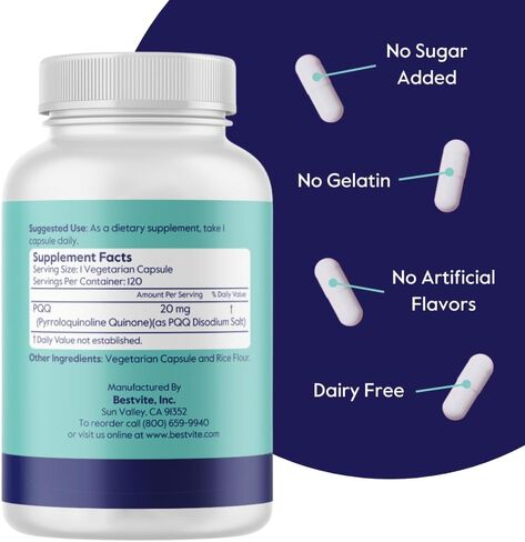 BESTVITE PQQ 20mg (Pyrroloquinoline Quinone) (120 كبسولة نباتية) - بدون ستيرات - نباتي - غير معدل وراثيًا - خالي من الغلوتين in Saudi Arabia