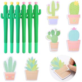 Whaline 12 Pieces Cactus Shaped Roller Pens with Cactus Sticky Notes Cactus Gel Ink Pens Cactus Neutral Pen Writing Plant Pen Succulent Note Pad for Home School Office Household Supplies