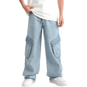 Verdusa Boy's Drawstring Waist Flap Pocket Loose Cargo Denim Pants Jeans