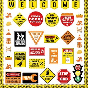 Harloon 67 Pieces Christian Construction Classroom Decorations Religious Welcome Bulletin Boards Cutouts for Preschool Elementary School Motivational Scripture Construction Theme Decoration Supplies