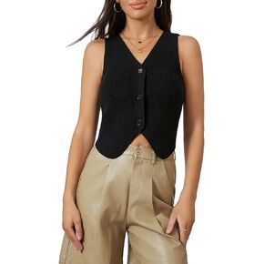 Women Y2k Crochet Vest Top Vintage Solid Color V Neck Sleeveless Button Down Crop Tops Streetwear