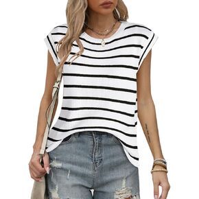 Alsol Lamesa Women’s Cap Sleeve Striped Pattern Crew Neck Pullover Sweater Spring Summer Vest Knit Top 2024