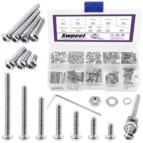 Swpeet 437Pcs M4 Metric 304 Stainless Steel Button Head Hex Socket Head Cap Bolts Screws Nuts and Hex Nuts with Flat Washers and Split Lock Washers Kit, Screws Nuts Washers Wrench All Included