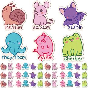 48 Pcs Pronoun Badges Pins Gender Identity Pins Cute Animal Xe Xem Pronoun Button Pin Wooden Multiple Colors Pronoun Pinback for Shirts Clothes