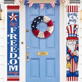 Deroro July 4th Cartoon Mouse Patriotic Memorial Day Porch Banner Sign, America Home of The Free Because of The Brave Front Door Decorative Hanging Banner Flag, Veterans Day Decoration Outdoor Decor