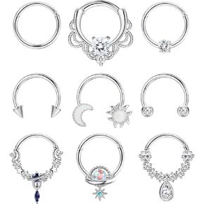 Subiceto 9Pcs 16G Septum Ring for Women Men Dangle Septum Jewelry with Blue Plant Teardrop Clear Cz Moon Star Horseshoe Stainless Steel Daith Earrings Helix Cartilage Tragus Hoop Nose Rings Piercing in Kuwait