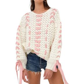 FindThy Women’s Y2K Ribbon Knitted Sweater Cute Long Sleeve V Neck Bowtie Cardigan Jumper