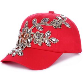 Women Flower Design Fancy Bling Hats Pretty Crystals Adjustable Ladies Baseball Cap