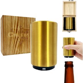 Daily Treasures Automatic Beer Bottle Opener,Magnetic Bottle Openers with Wooden Box,Push Down Bottle Opener, Soda Destapador No Damage to Caps,Stainless Steel Cap Catcher for Bars Man's Gifts (Gold)